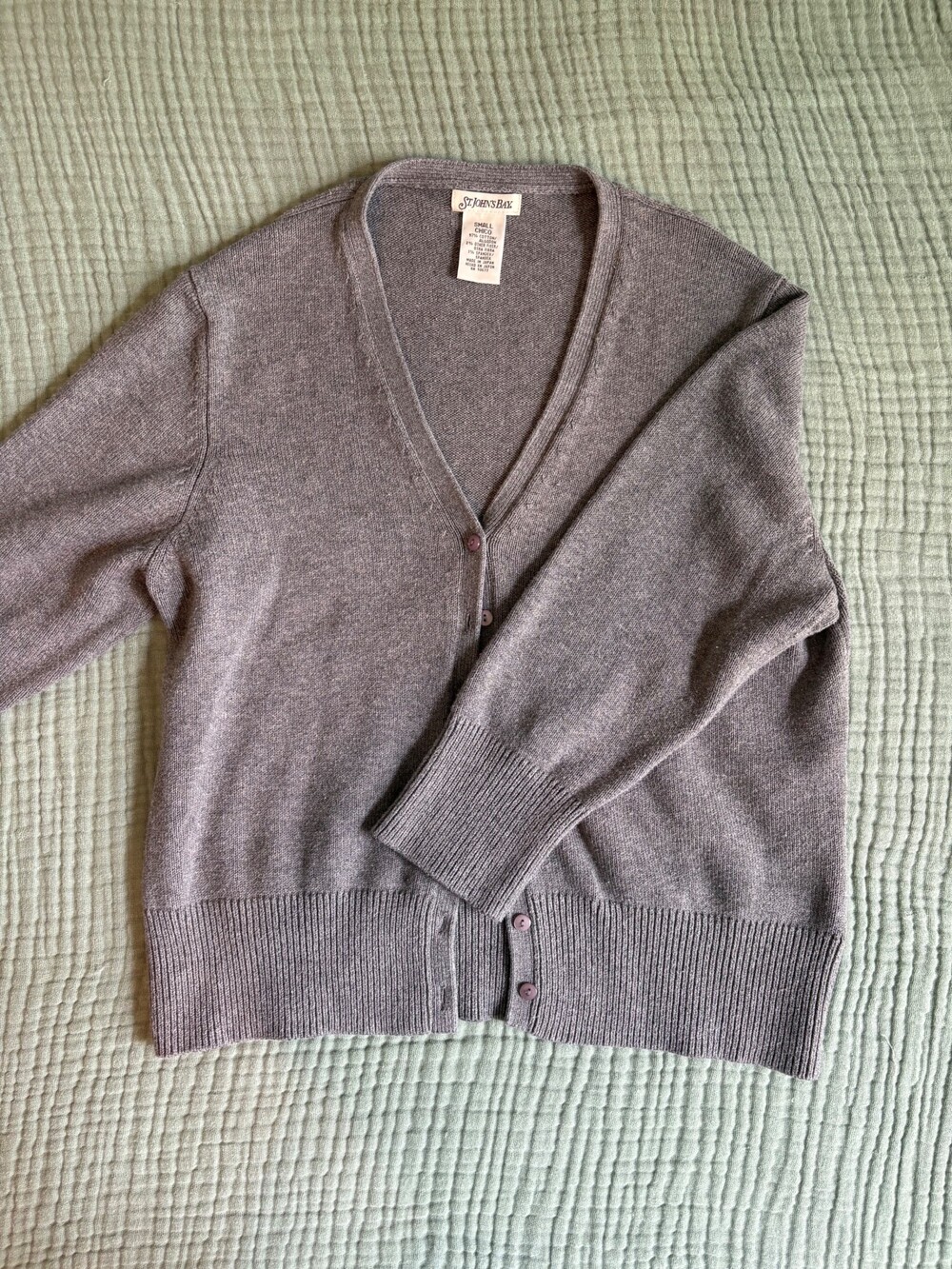 St. Johns Bay Small Gray Cotton Blend Cardigan Sweater Made in Japan